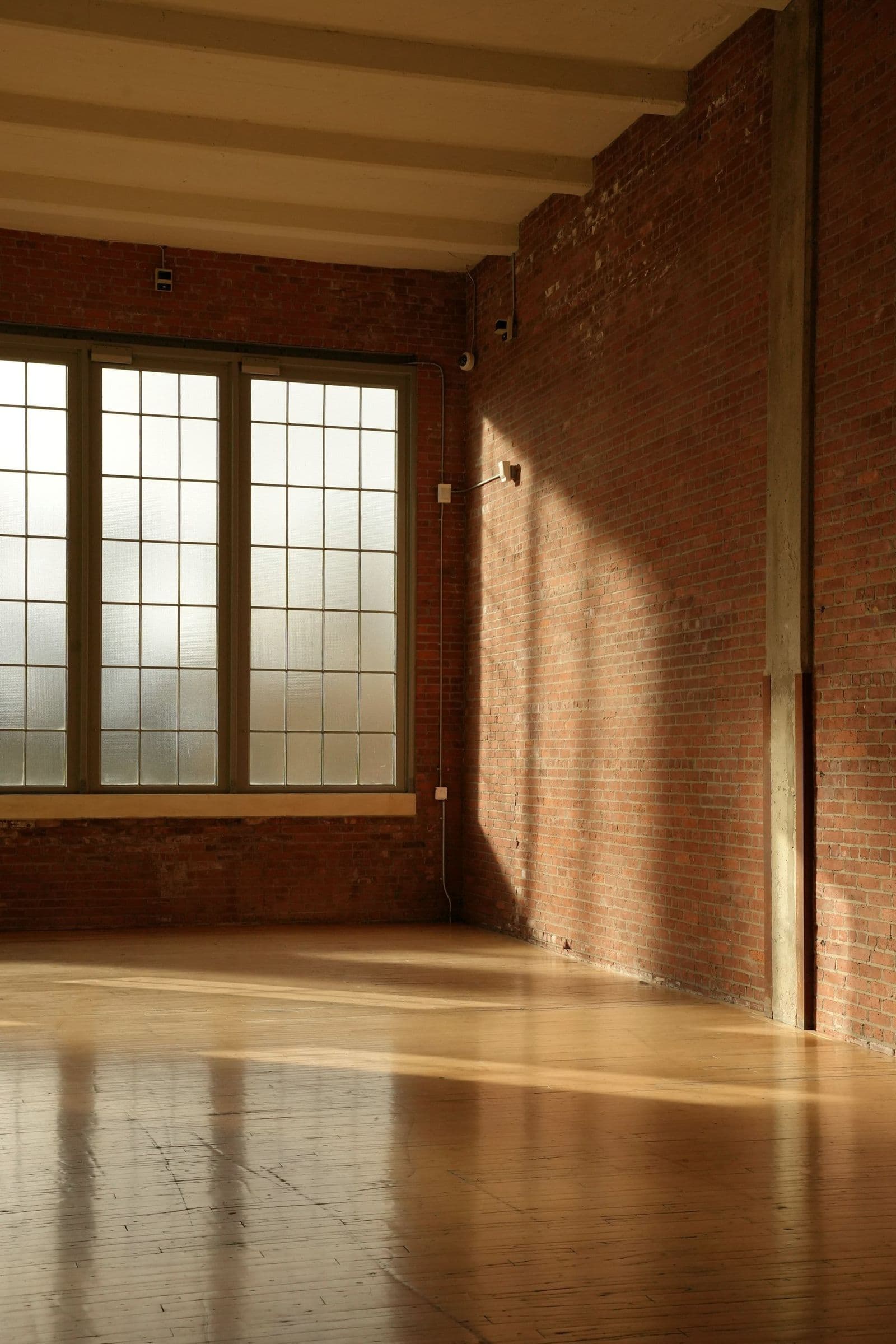 An empty room with sunlight falling across the floor, before work begins