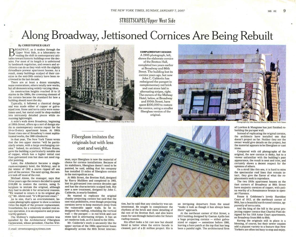 A New York Times Streetscapes column by Christopher Gray covering the Bretton Hall cornice restoration