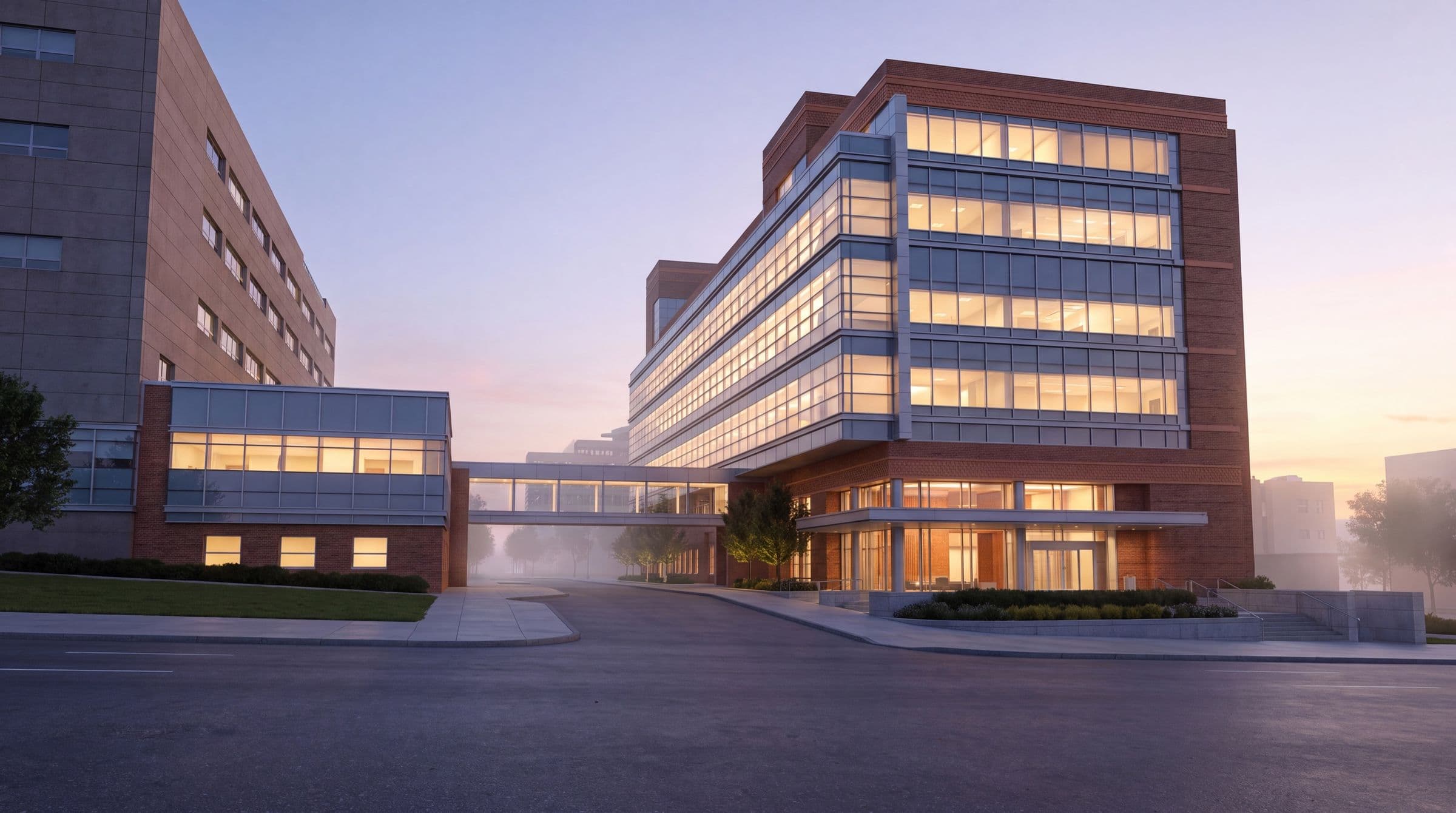 A brick and glass building at dusk, joined to its neighbor by a glazed skybridge
