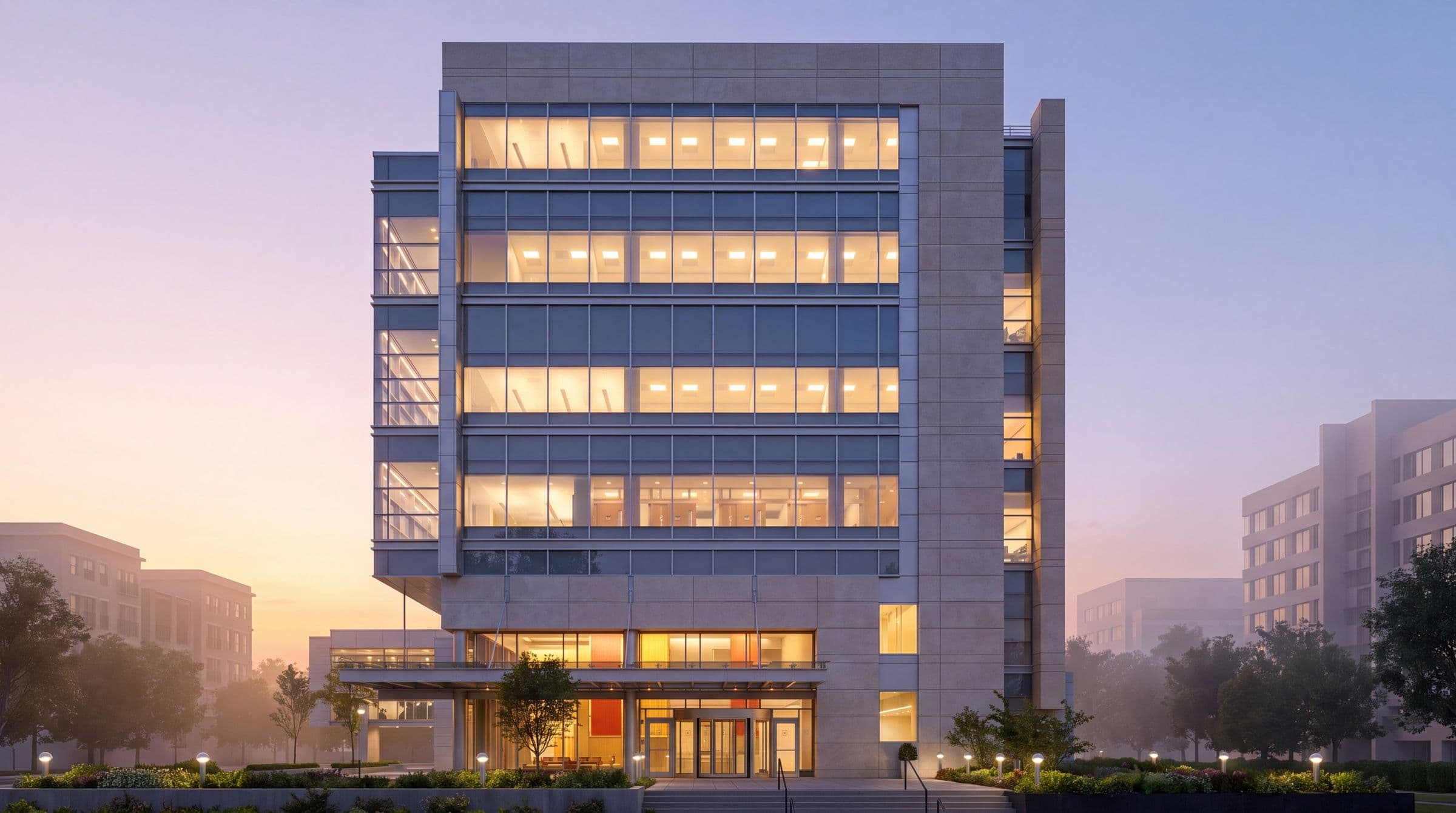 A stone and glass facade at dusk, its entrance canopy lit from within